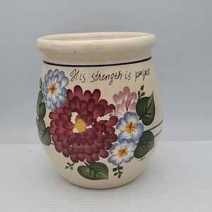 Yesteryears Pottery Marshall Texas Hand Turned Vase Flowers Leaves Blue Line